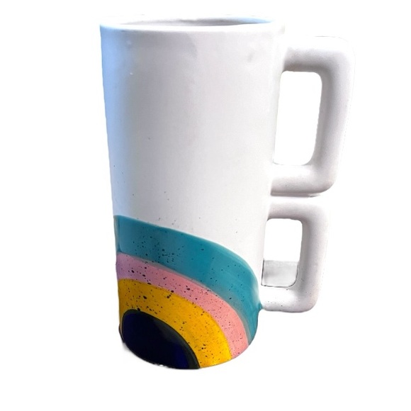 Double Handle Tall Colorful Rainbow Mug Vase Pottery Artsy Fun Unique Quirky 8” - Picture 2 of 8